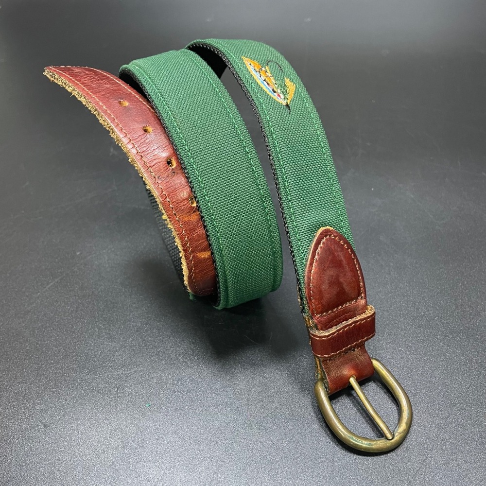 VTG Fishing Fly Embroidered Belt Mens 34 Green Leather Canvas Heritage Gorpcore
